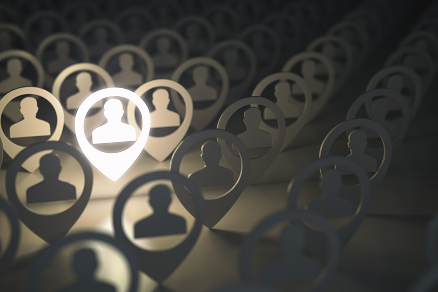 A decorative image depicting location pins like you get on a map. In each location pin is an illustration of a human head and torso.