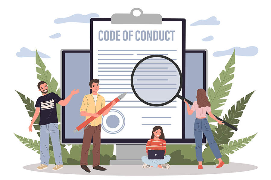 A decorative image depicting four people in front of a large clipboard holding a document titled code of conduct. One person has a pen, another has a magnifying glass, one is sitting looking at a laptop and the last person is pointing to the document.