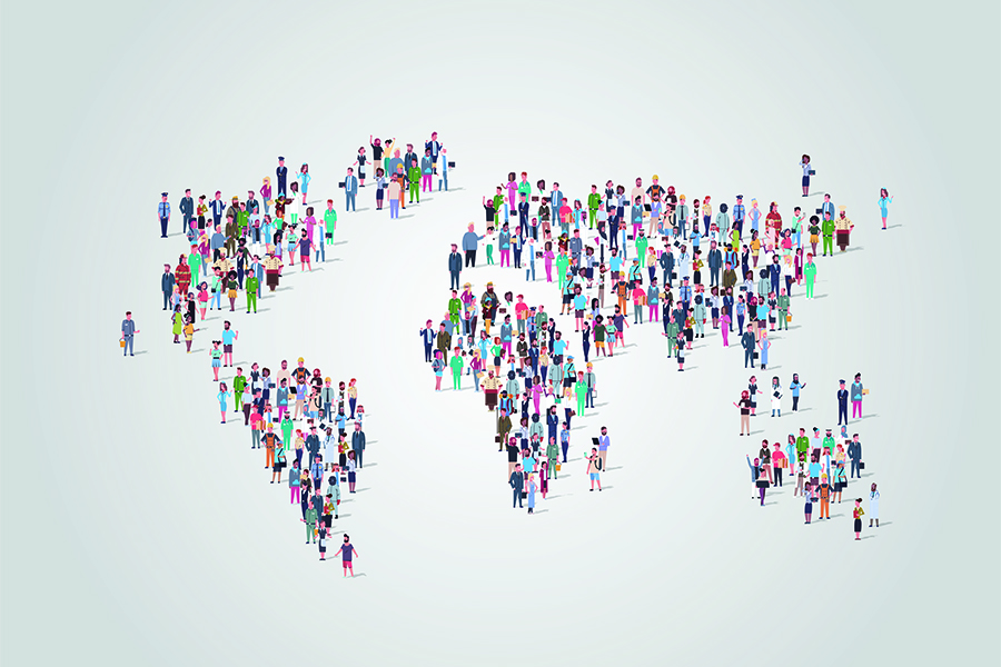 A decorative image depicting an illustration of people standing together. The people are formed in such a way as to resemble a map of the world.