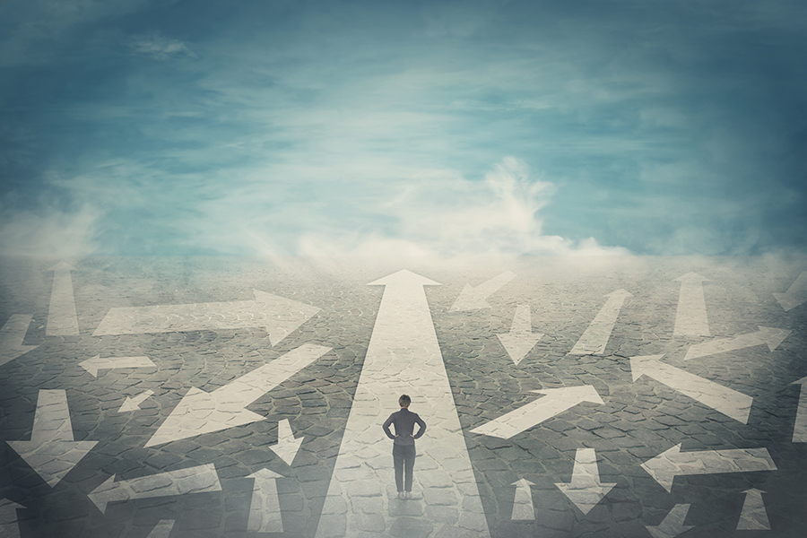 An illustration of a person standing on a directional arrow that resembles a pathway leading straight ahead to the horizon. To either side of the directional pathway are other directional arrows all pointing in different directions.