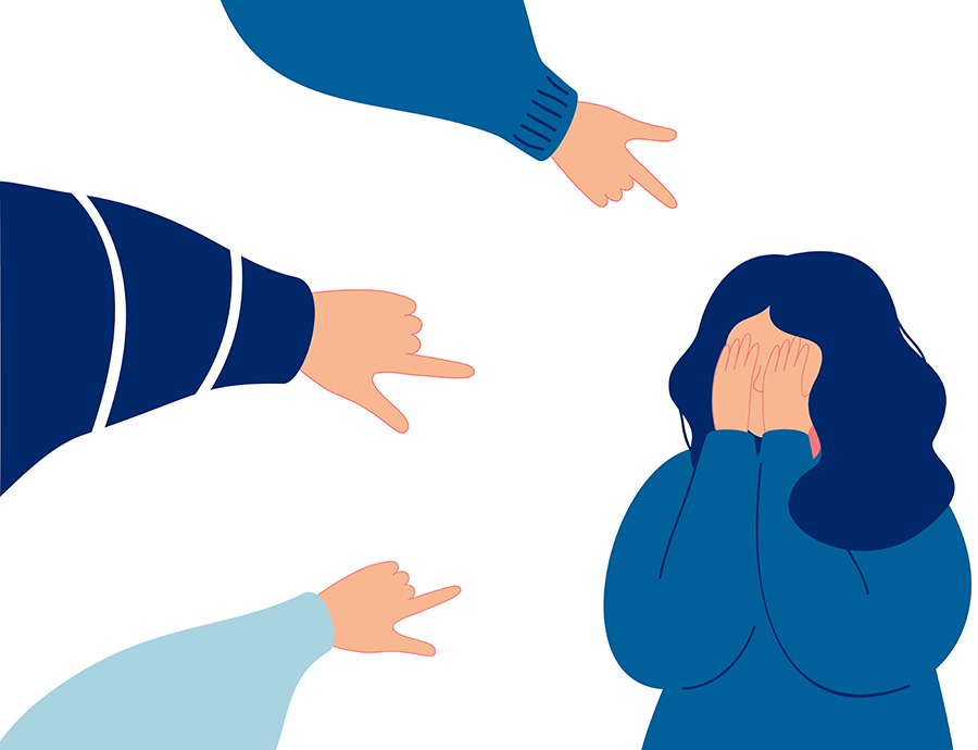 An illustration of a female who is completely covering her face with her hands. There are three human arms directed at her, all with their fingers pointing at her in an accusatory manner.
