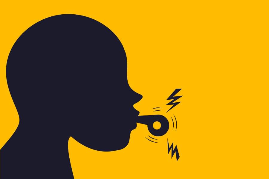 An illustration of a human head that has a whistle in its mouth.
