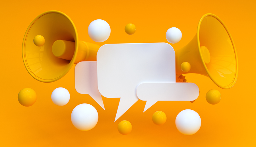 An illustration of a mixture of loudspeakers, megaphones and speech bubbles.