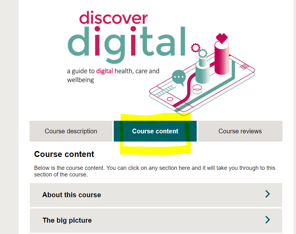 Screenshot of the welcome screen for the course, showing how to access course content. 