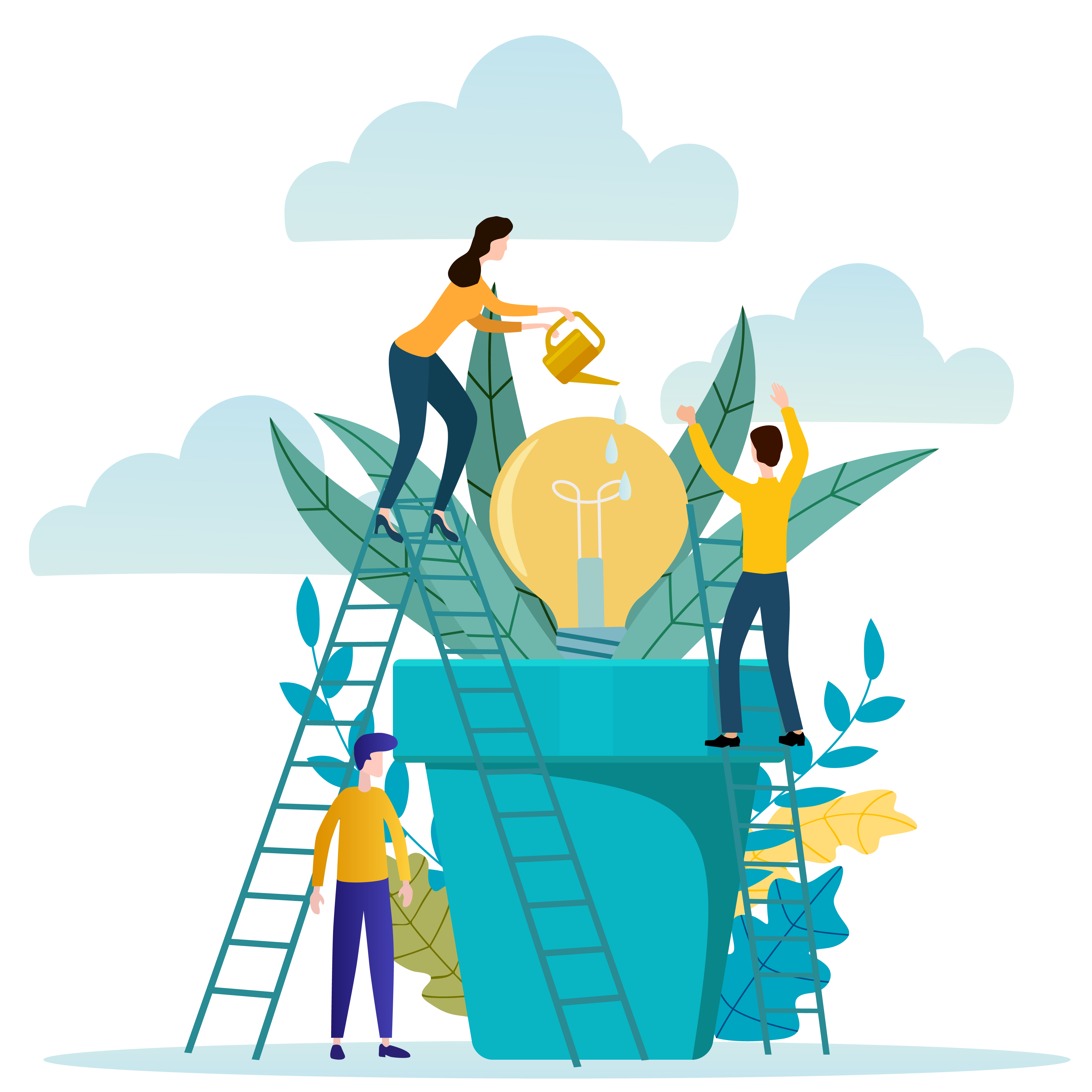 An illustration of several people working together to water a giant plant in a giant pot. The people are standing on ladders to do this. In the centre of the plant is a lightbulb (yes, yet another one).