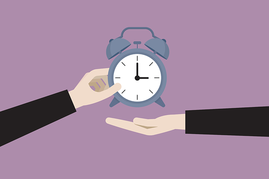 An illustration of two outstretched arms. The arm on the left-hand side is holding an alarm clock. The arm on the right-hand side has its palm facing upwards ready to receive the clock.