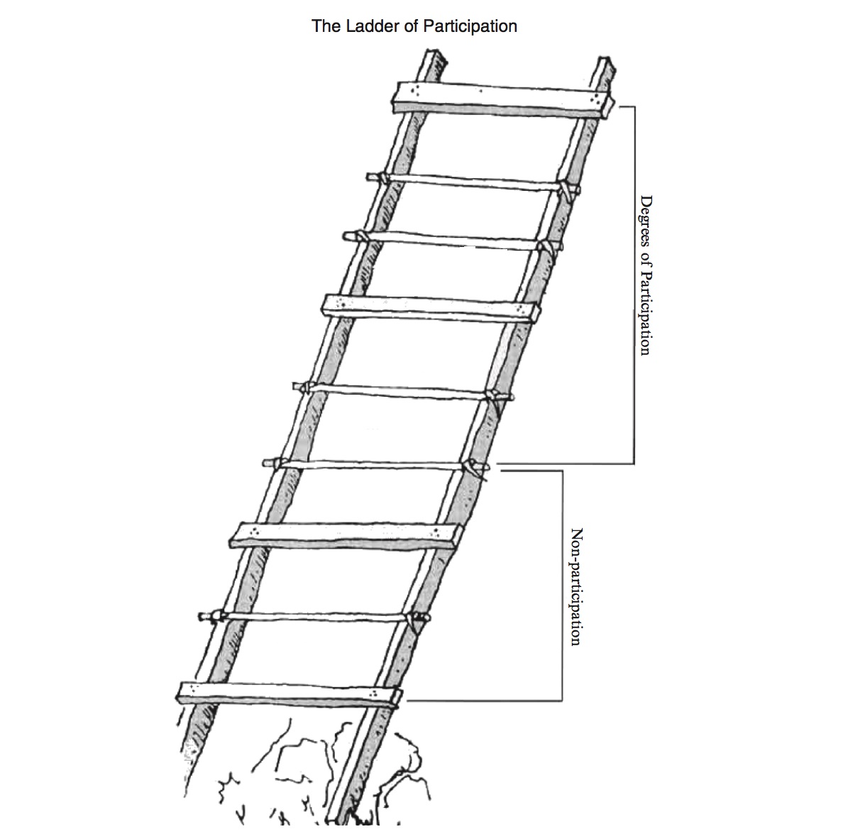 An illustration of a wooden ladder propped up against an imaginary wall. The first three steps from the bottom of the ladder have a label against them saying non-participation. The remaining five steps have a label saying degrees of participation.
