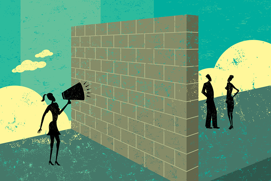 An illustration of a large brick wall. On one side is a figure of a person speaking into a megaphone. On the other side are two people deep in conversation, unable to hear what the megaphone person is saying.