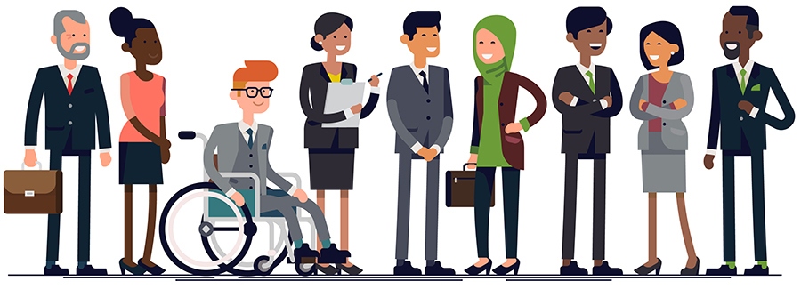 An illustration depicting a line of several diverse people – race, gender and disability.