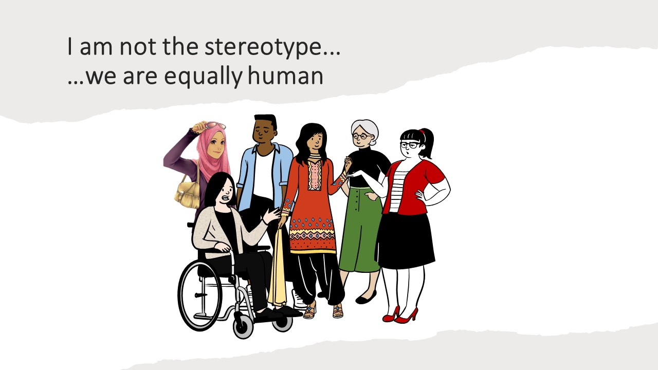 Cartoon illustration of different people saying I`m not the stereotype, we are equally human