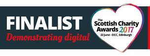 Shows heart with Scottish Charity Awards 2017 22 June Edinburgh in text inside it, plus the words Finalist Demonstrating Digital