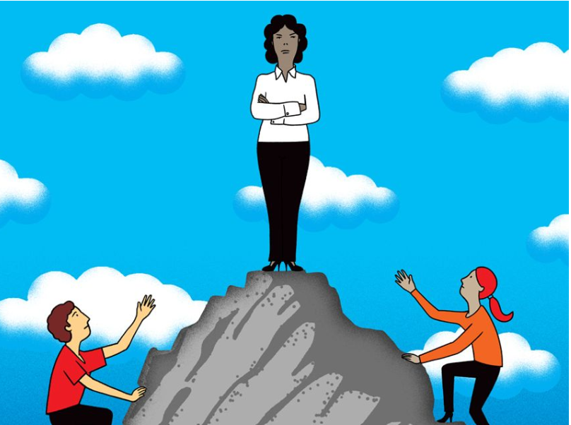 The picture shows a lady standing on top of a hill, with a man and a woman on each side climbing up to the top.