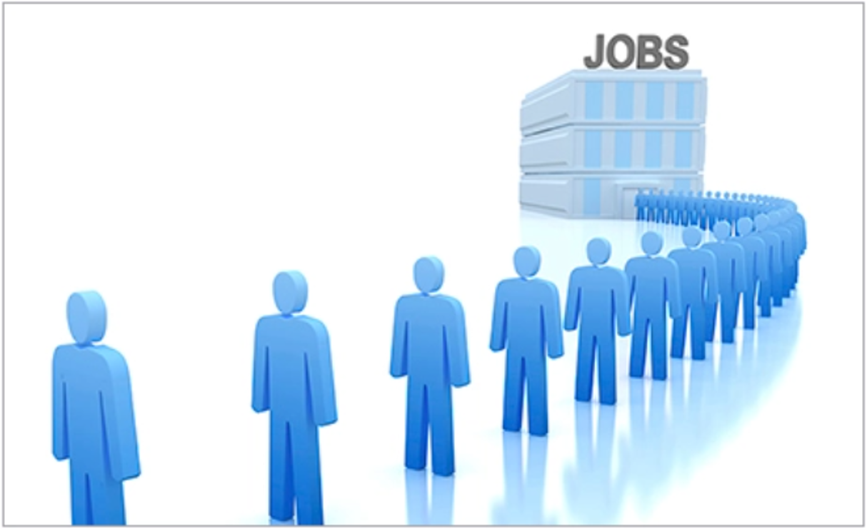 A picture of abstract human forms queuing to enter a building that has a huge signboard marked "Jobs"