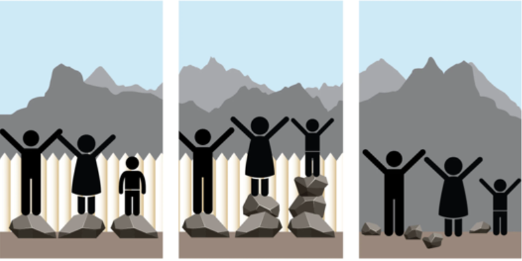 Three side-by-side images, depicting 2 adults and a child  looking out at a beautiful mountain scene