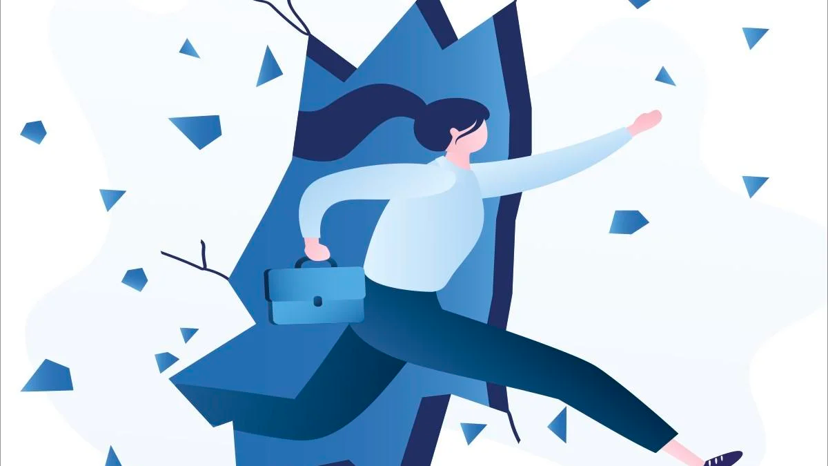 Image of a lady holding a briefcase and bursting through a wall to represent breaking barriers