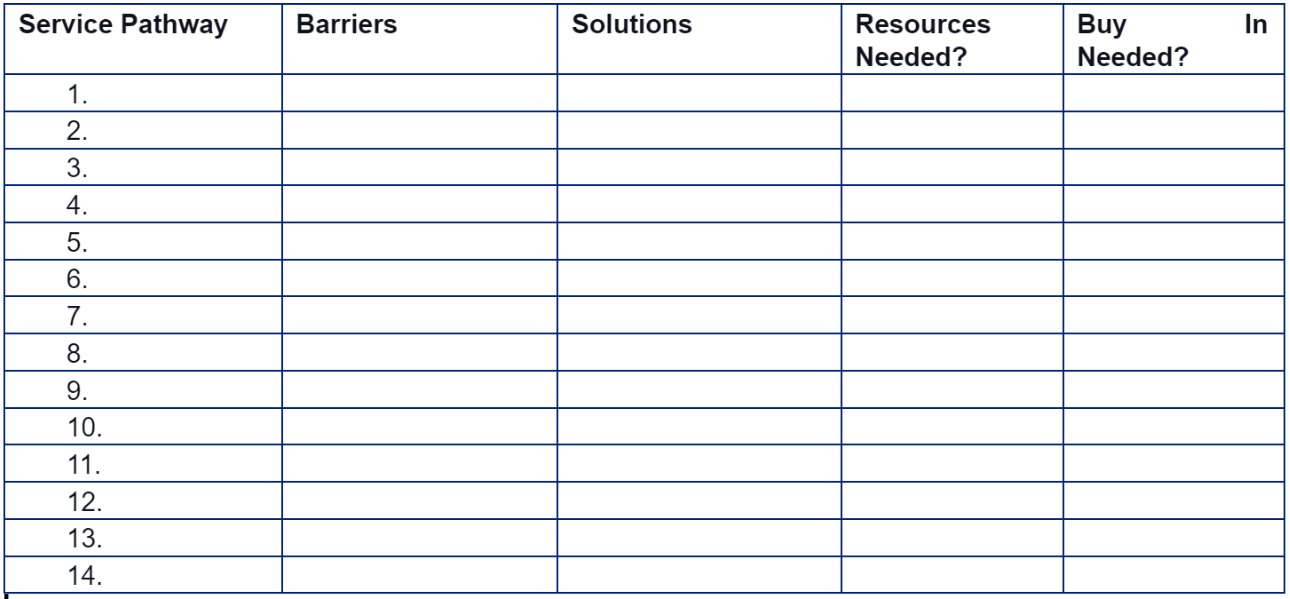 A worksheet to capture and identify barriers, solutions, resources needed and buy-in requirements for each service pathway.