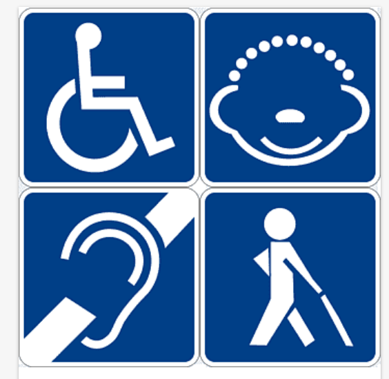 a square divided into 4 equal parts, each containing a symbol of various forms of disability