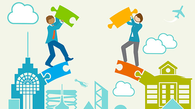 illustration of two persons on an incomplete bridge holding pieces that when joined will complete the bridge