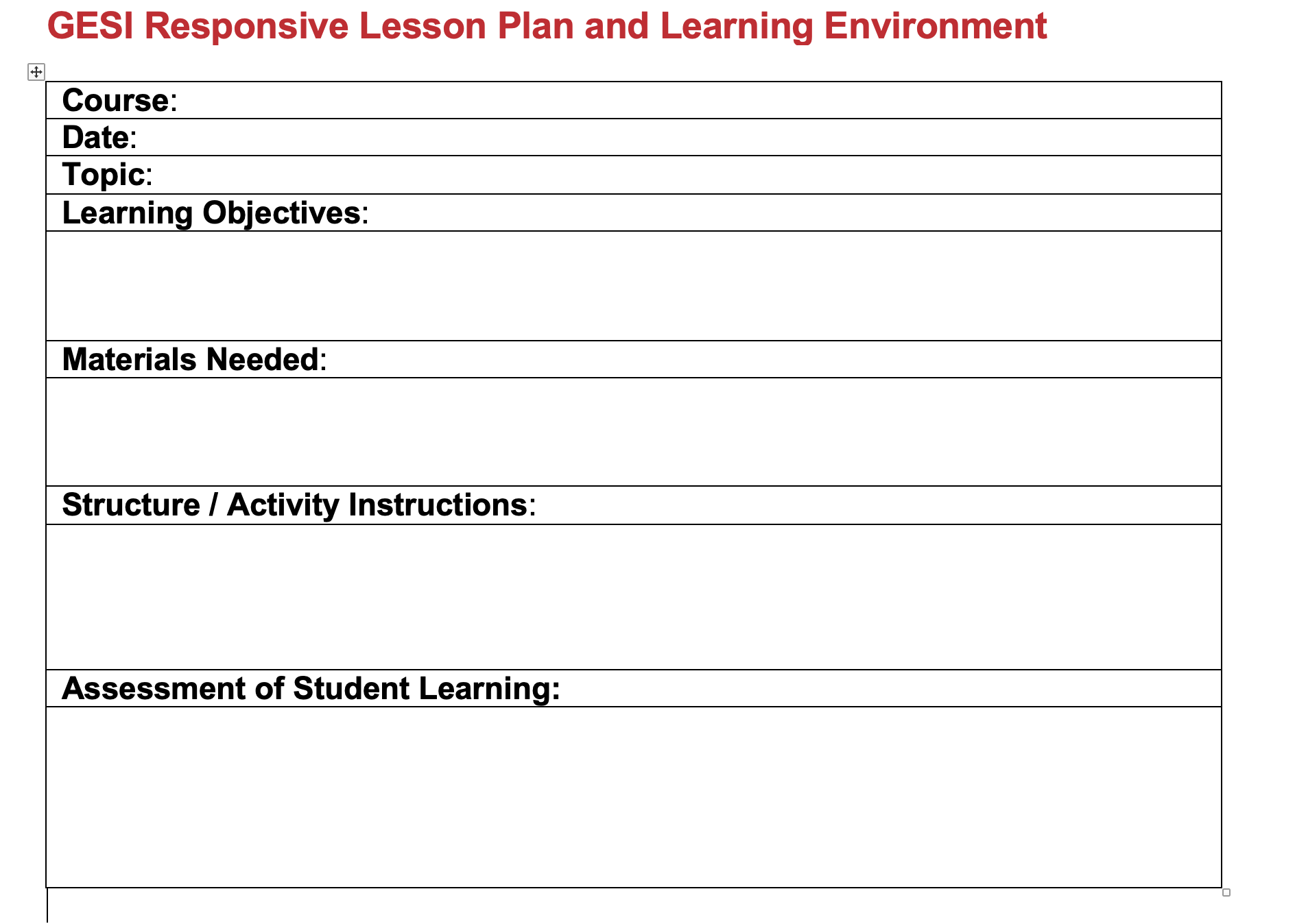 A template for a GESI responsive lesson plan and learning environment