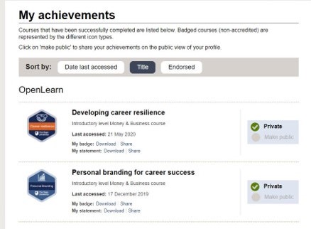 Page showing completed courses 
