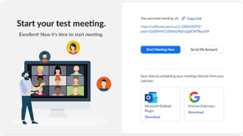 The welcome screen for new users. Zoom shows the option to start a meeting, go to your account, or copy the link to your personal meeting room.