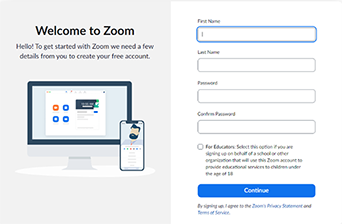 A webpage from Zoom’s sign-up. process, where you are asked to give your name and select a password.