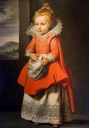 A portrait of Infanta Margarita, aged five, 1656 by Diego Velázquez. The infanta wears an elaborate dress, similar to that which an adult would wear.