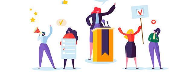 image showing various characters advocating for course using podium, banners and megaphone