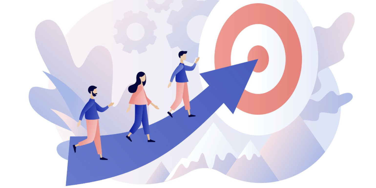 illustration of three persons walking on an arrow that is leading to the bullsyes of a target