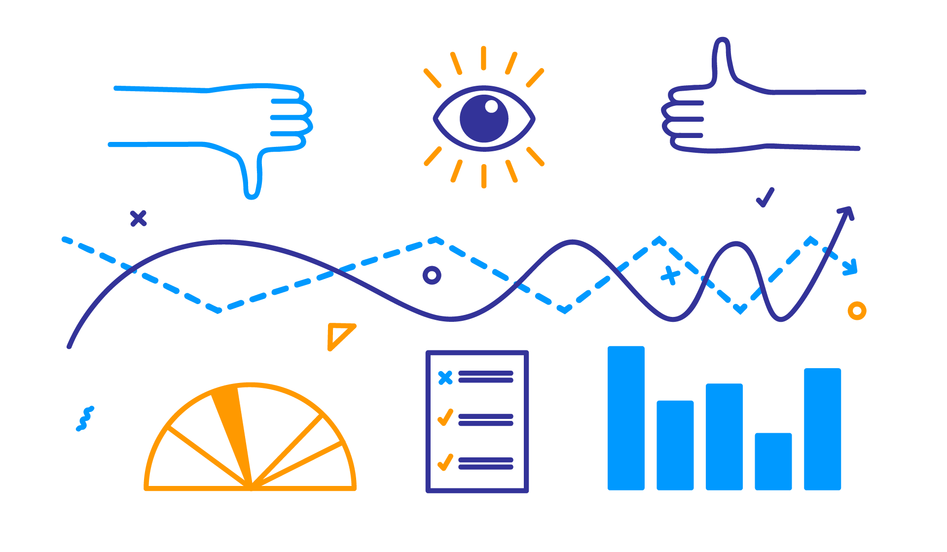 abstract illustration of thumbs up and thumbs down signs, checklist, measurement scales and graphs