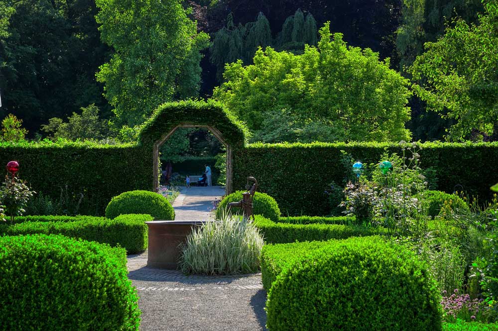 Cut hedges surrounding a path which continues through a green archway into a distant section of garden.