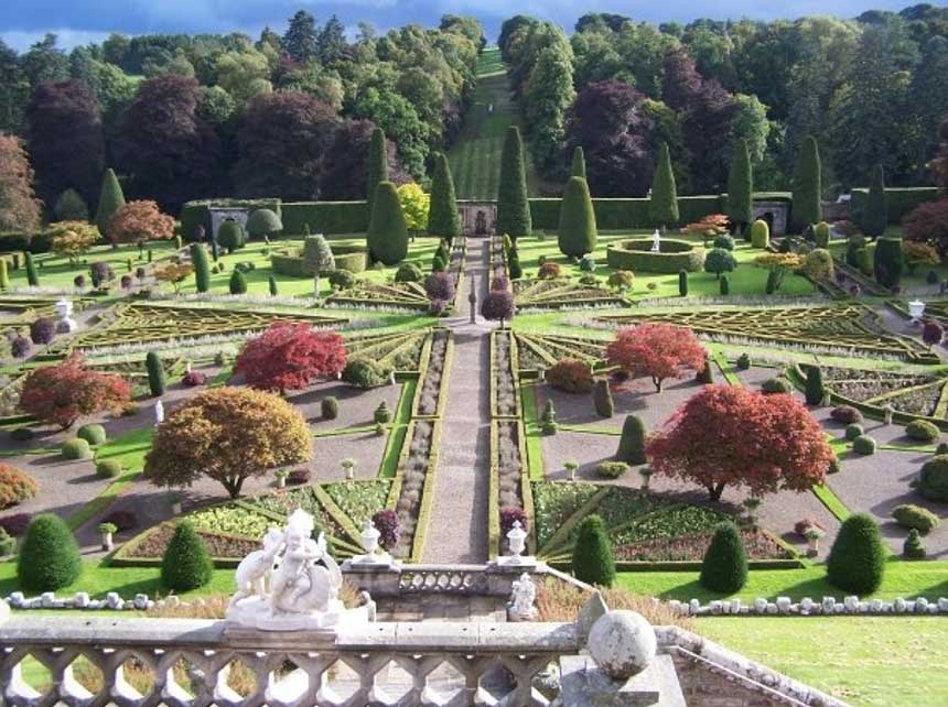 A view of formal gardens which appear to get smaller over distance.