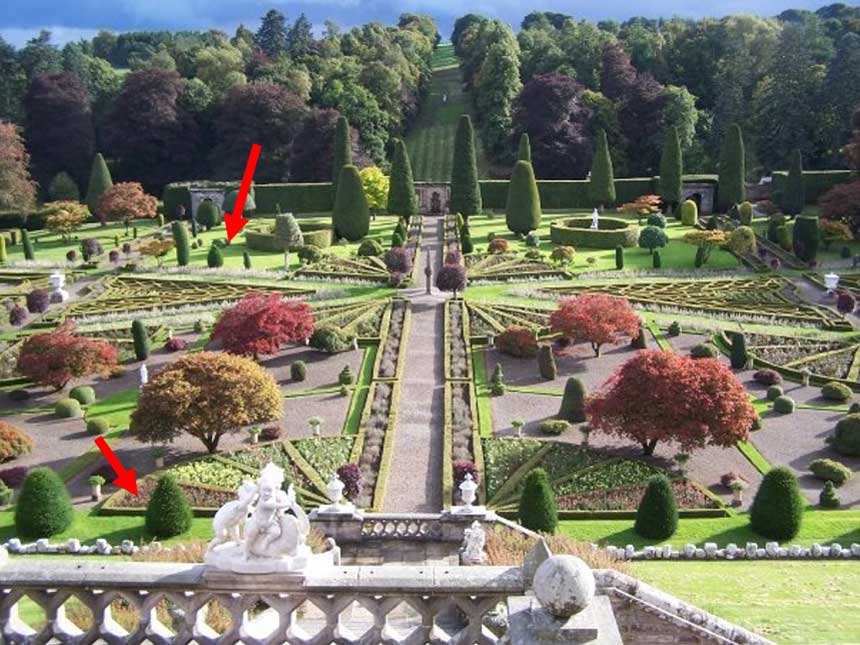 The formal garden with two similar trees highlighted - the furthest away looks smaller.