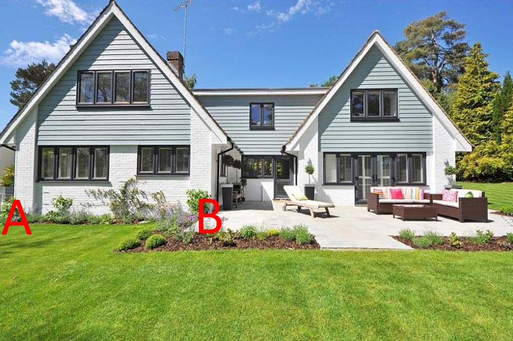 House and garden with points A and B marked.