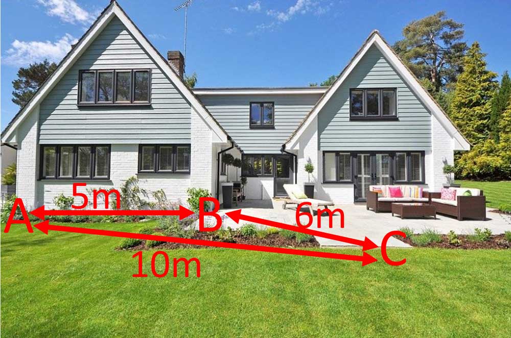 Lines and measurements added between A to B, B to C, and C to A.