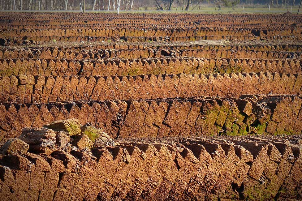 Large area of cut peat stacked out to dry.