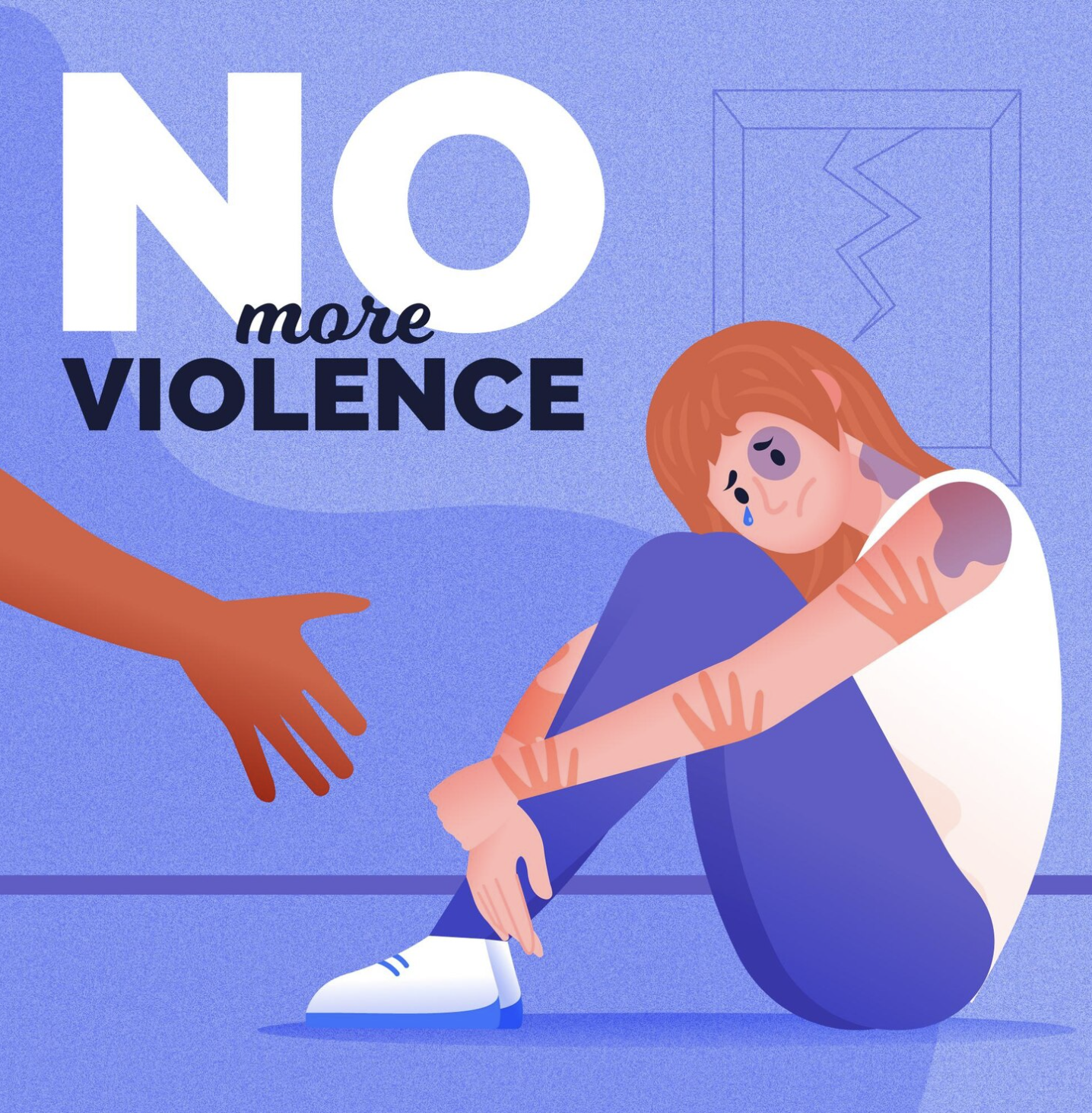 a banner with the words no violence  while an outstretched hand is reaching out to a crying girl