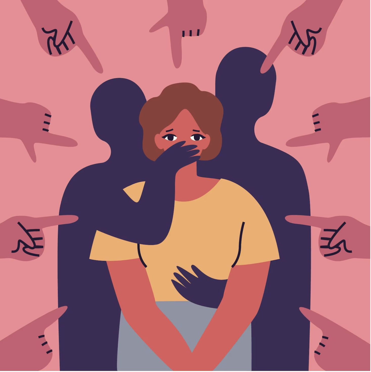  a woman whose mouth is gagged by other persons while accusing fingers are pointed at her