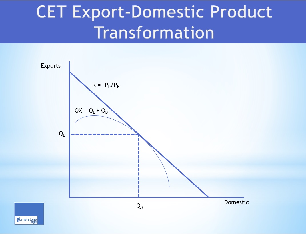 CET function shows optimal choice of exports and domestic varieties in total output.