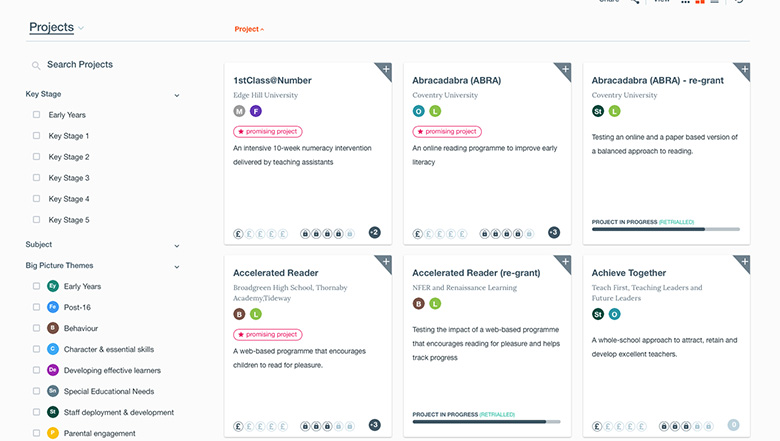This is a screenshot from a toolkit. It lists a number of projects such as 1stClass@Number, Accelerated Reader and Achieve Together.
