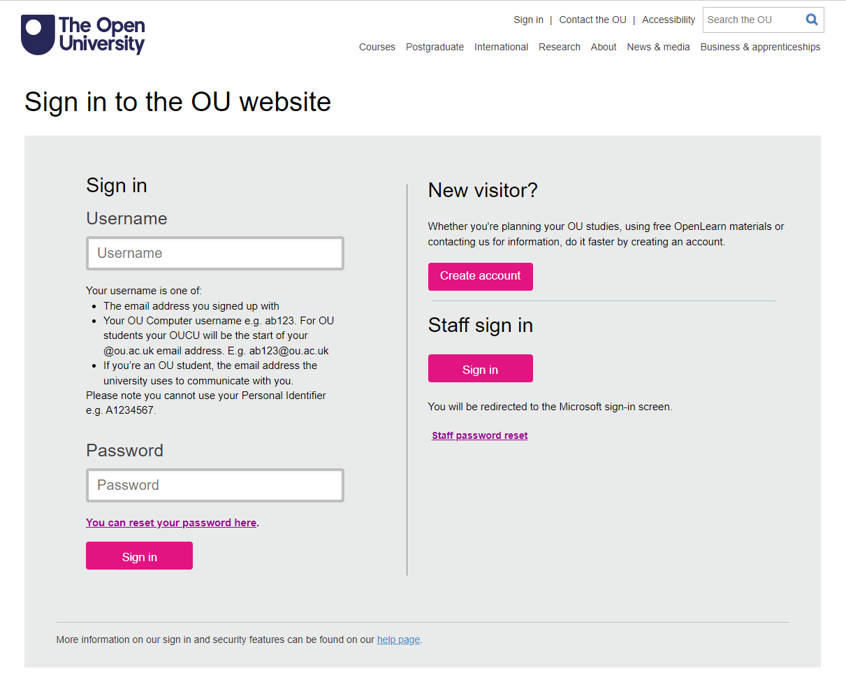 Sign in to the OU website page
