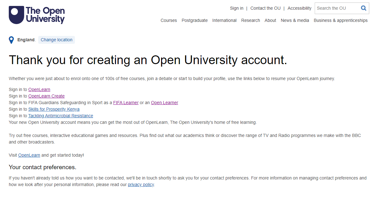 Thank you for creating an OU account page