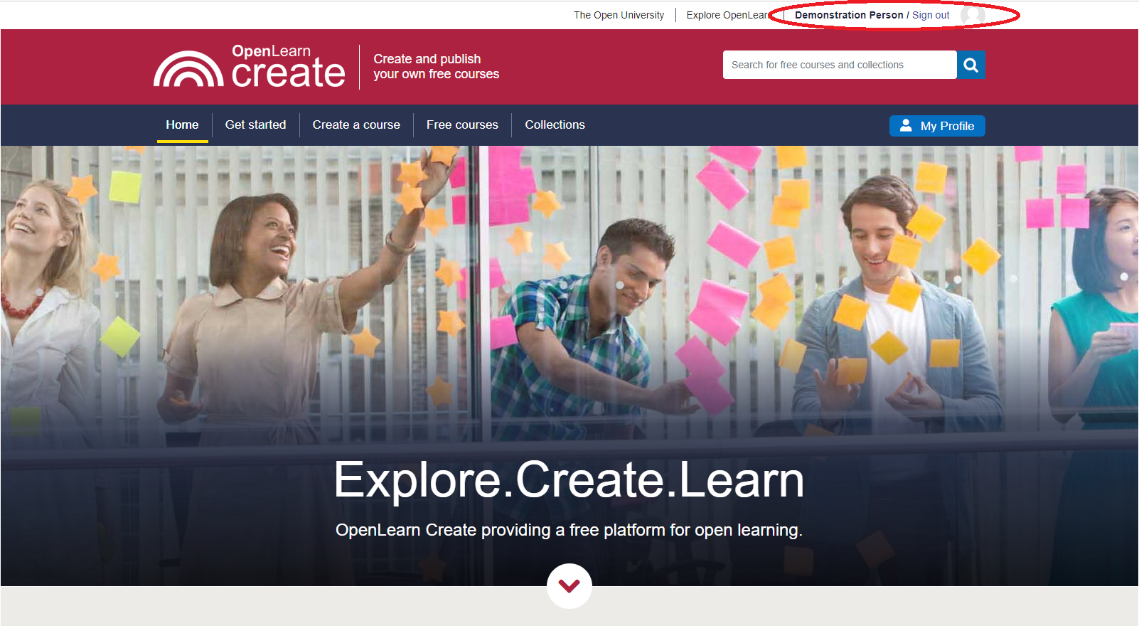 Logged into OpenLearn Create