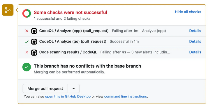 A screenshot from GitHub showing how SAST results can be integrated into a pull request and block merging if a scan fails