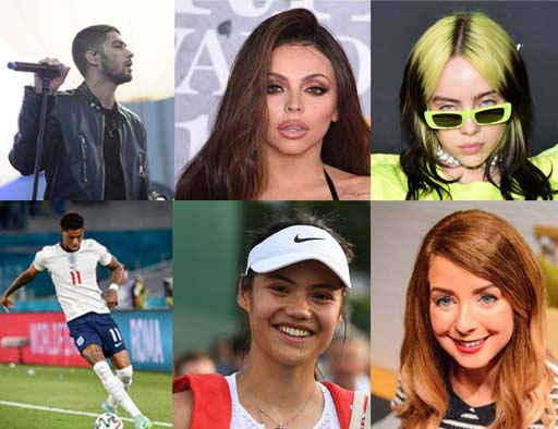 Six photographs, from left to right: Zayn Malik, Jesy Nelson, Billie Eilish, Marcus Rashford, Emma Raducanu and Zoella/Zoe Sugg.
