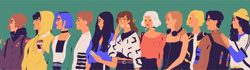 A colourful illustration of different young people in a line.