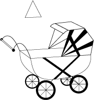 A simple line drawing of a pram, with many geometric shapes and lines drawn over it.
