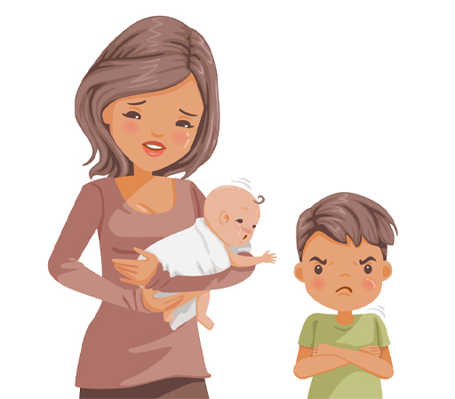 This is a cartoon showing a woman holding a baby, while a young child stands next to her looking cross.