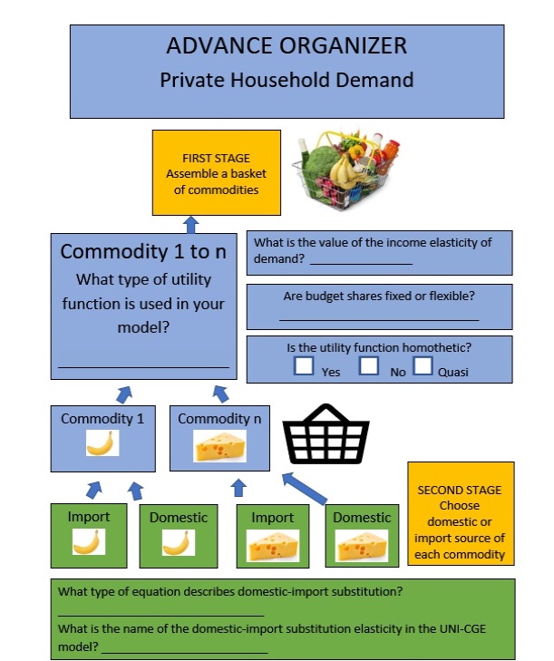 An advance organizer that describes the how consumer demand is presented in CGE model.