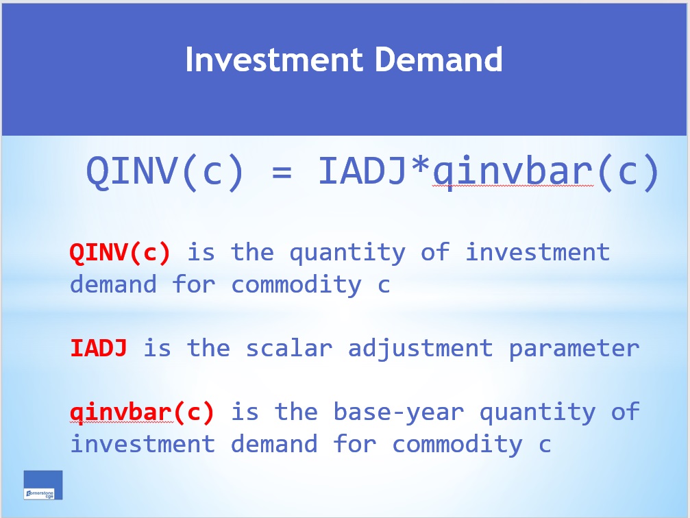 Investment demand  in the UNI-CGE model is a function of a scalar adjustor and initial demand quantities.